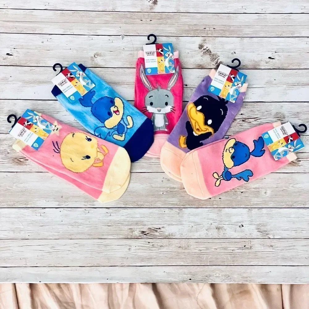NWT WB Babies Looney Tunes Kids Girl’s 5 Pack Pink Blue Purple Ankle High Socks